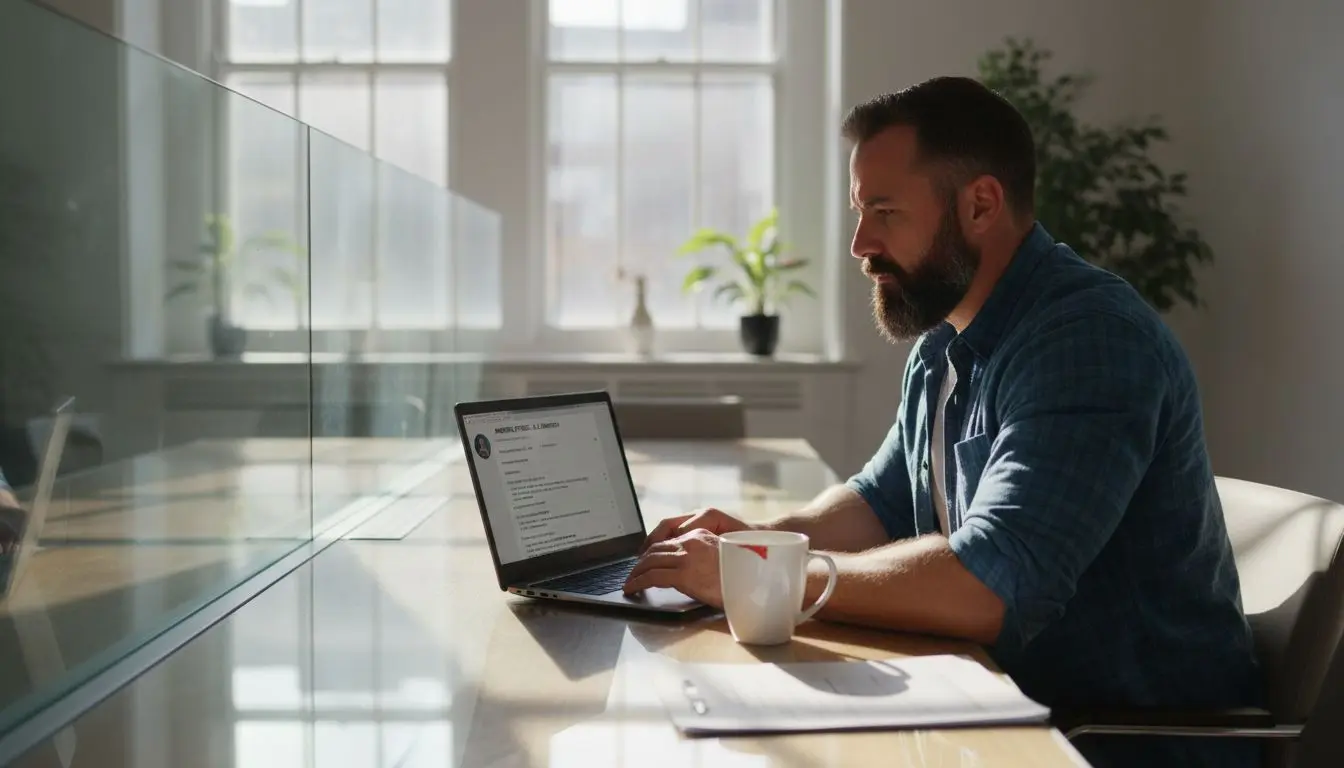 IT specialist viewing CRM member profile on laptop