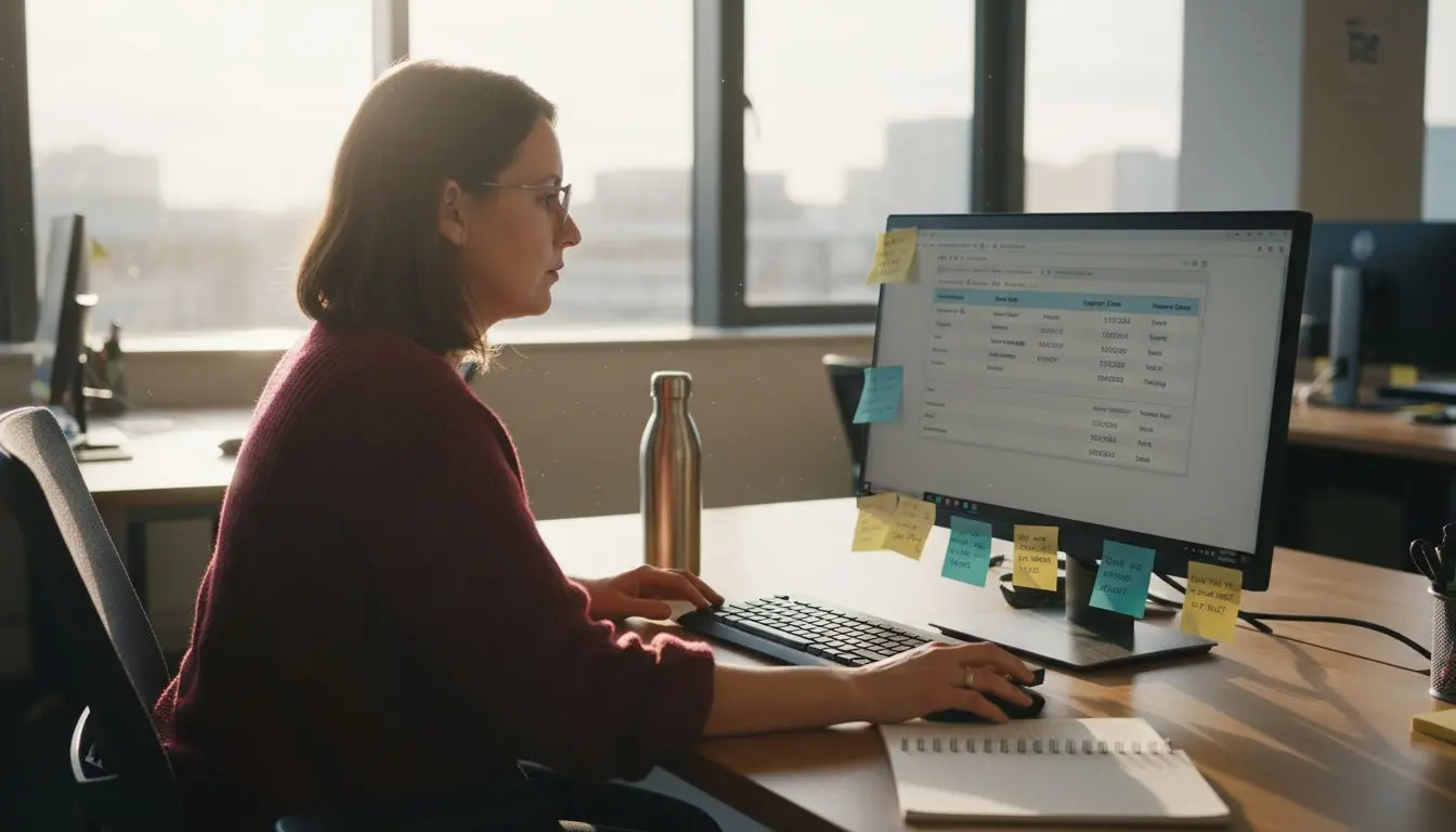 Membership coordinator updating CRM database in office