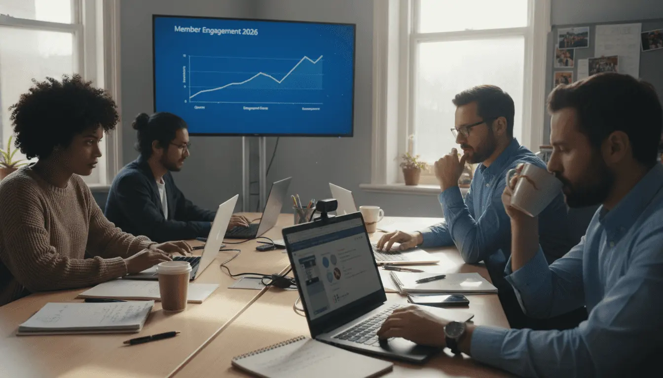 Team viewing virtual training in city office