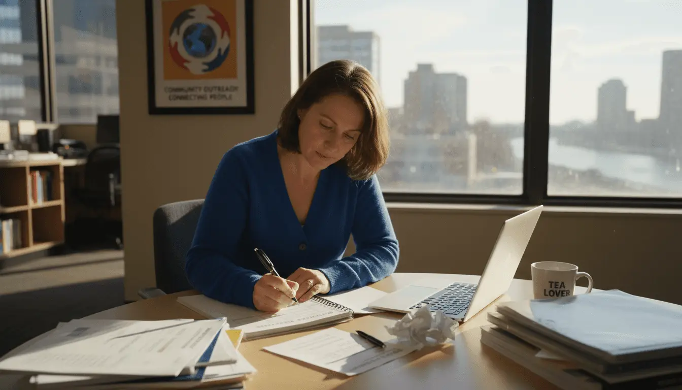 Nonprofit leader planning time at cluttered table