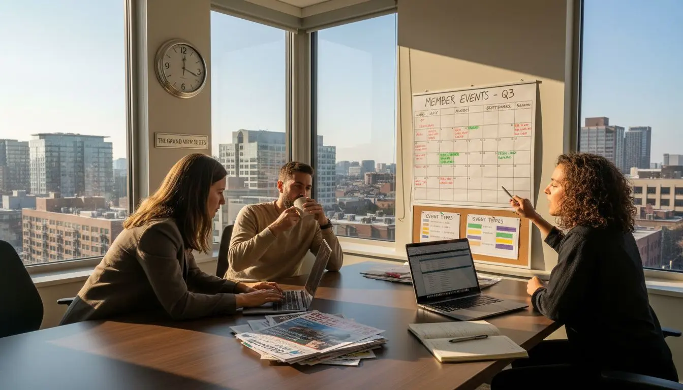 Team planning member events in conference room