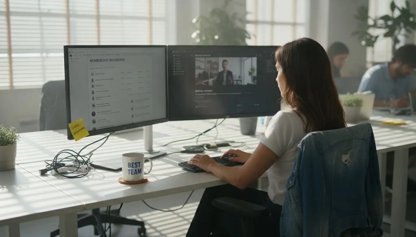 Professional using dual screens for membership dashboard