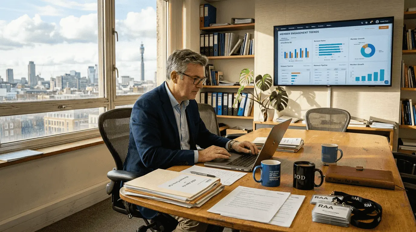 Manager reviewing CRM dashboard in office