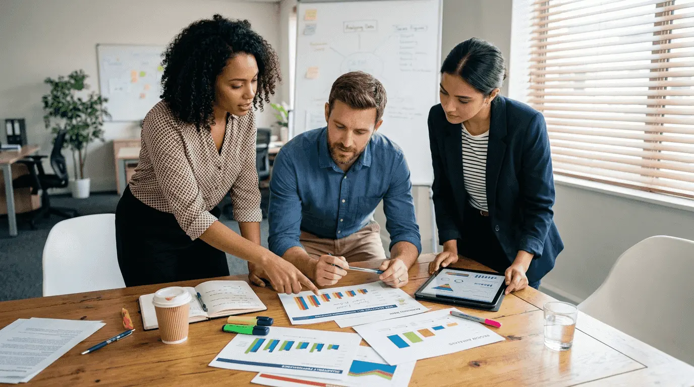 Team discussing CRM analytics at table