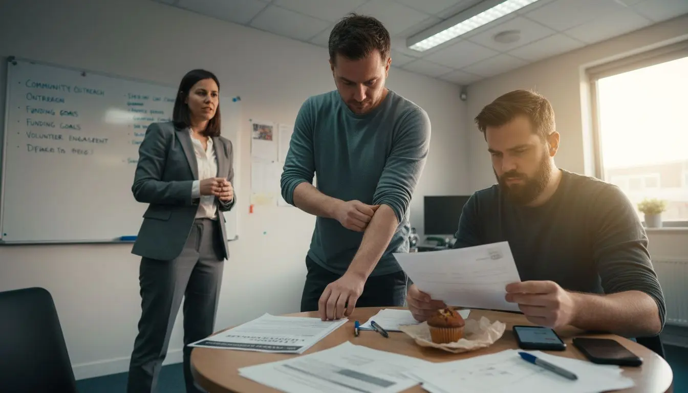 Colleagues discussing partnership presentation materials