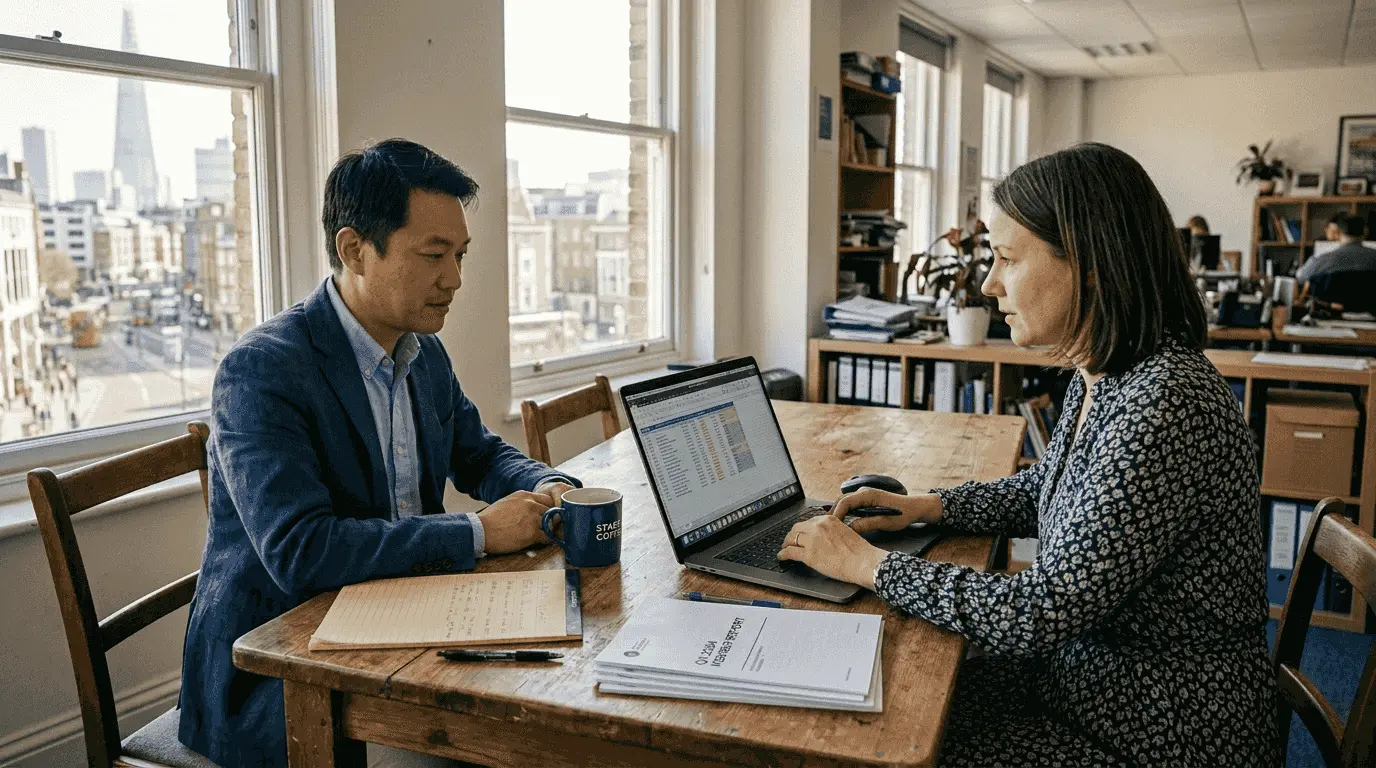 Managers discussing CRM data in office