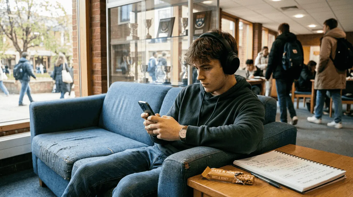 Student sharing article in university lounge