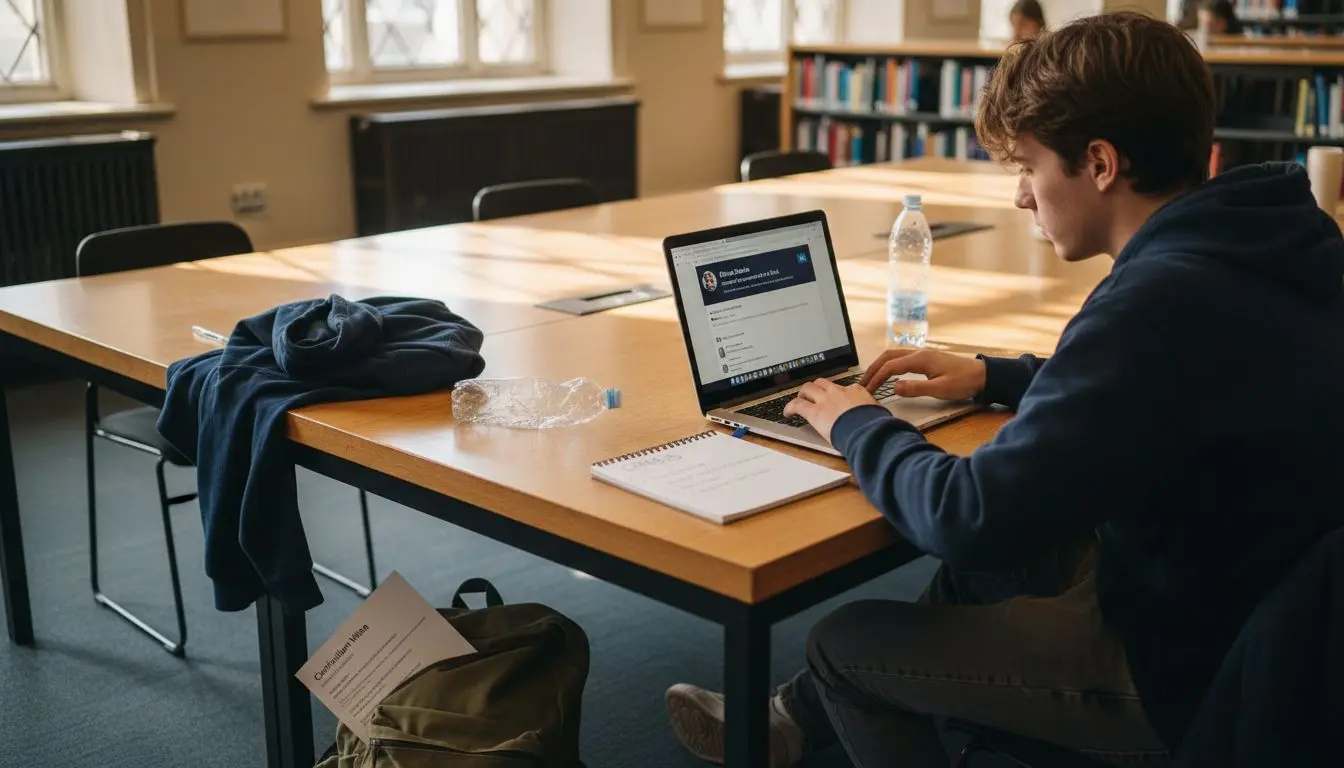 Student updating LinkedIn profile at library table