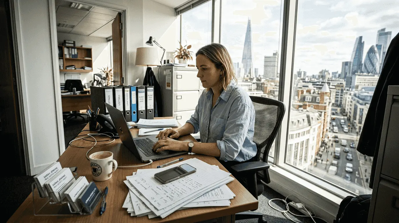 Real estate agent using CRM at desk