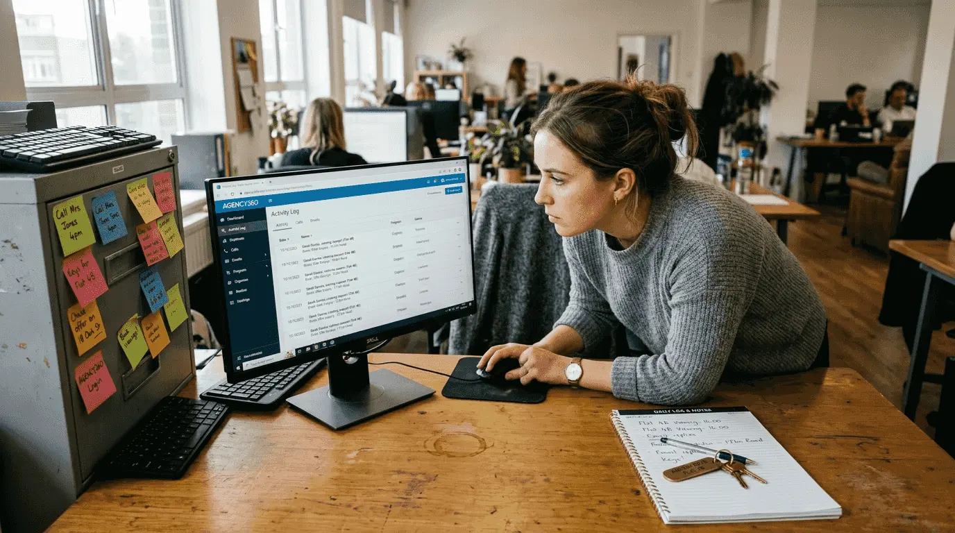 Assistant reviewing CRM logs in office
