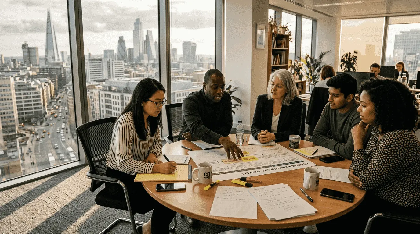 Team discussing conflict resolution around table