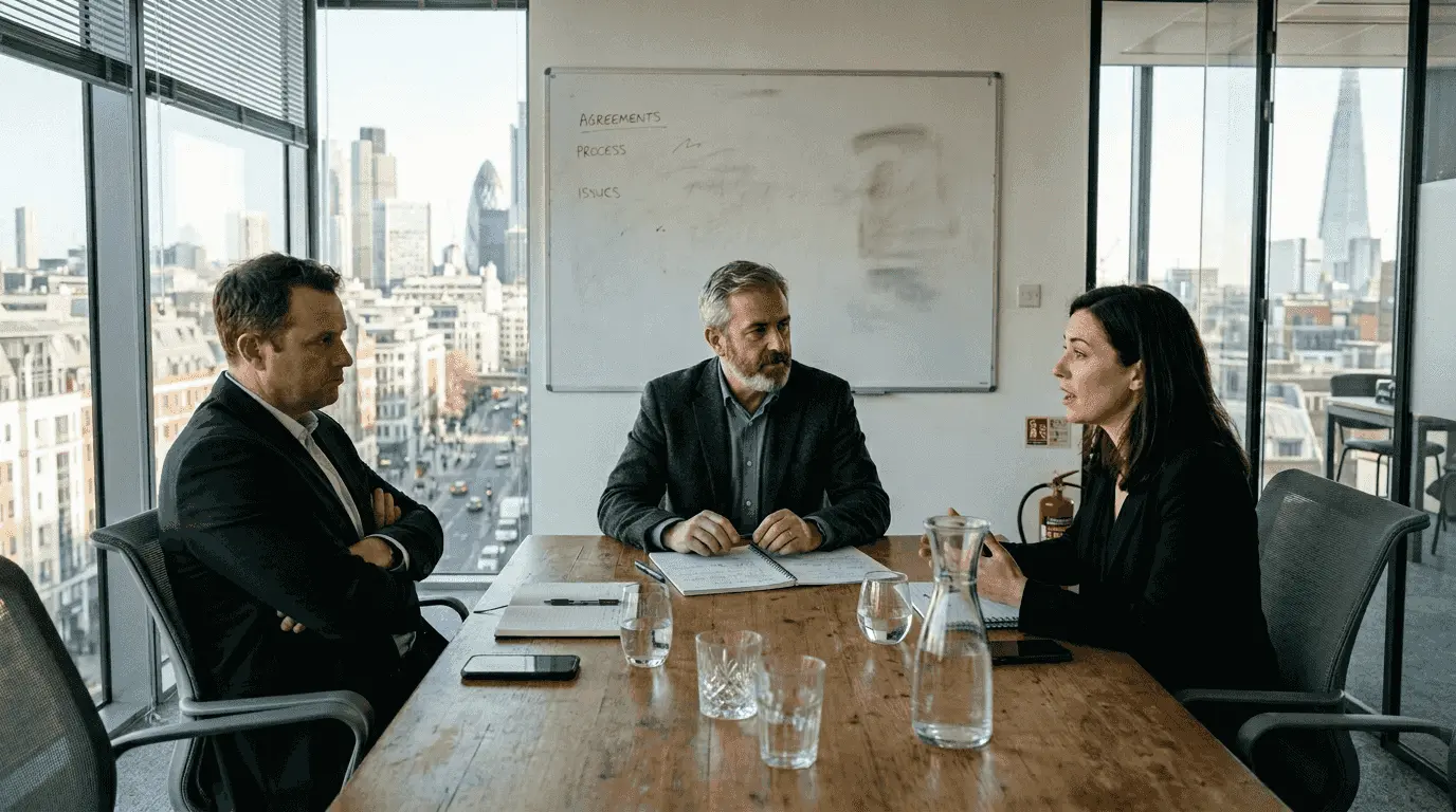 Mediator guiding team through conflict discussion