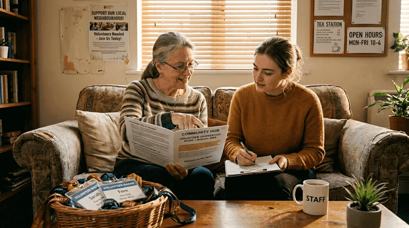 Experienced volunteer mentoring new recruit on sofa