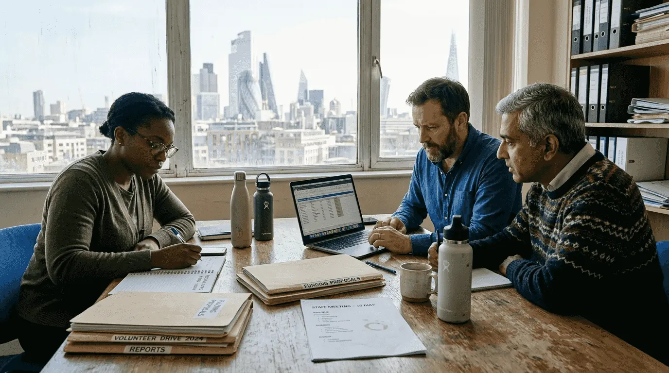 Team planning volunteer recruitment at conference table
