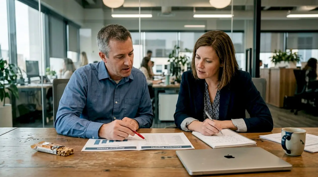 Colleagues analyzing membership retention data