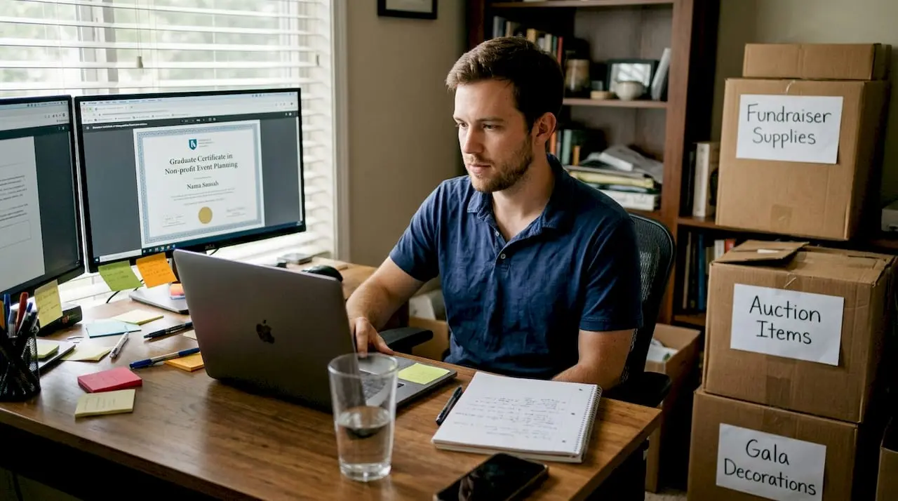 Man viewing nonprofit planning certificate at desk
