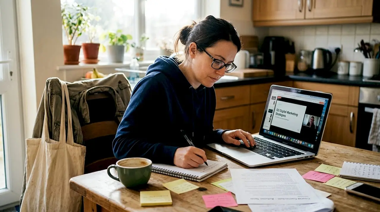 Woman learning event planning at kitchen table