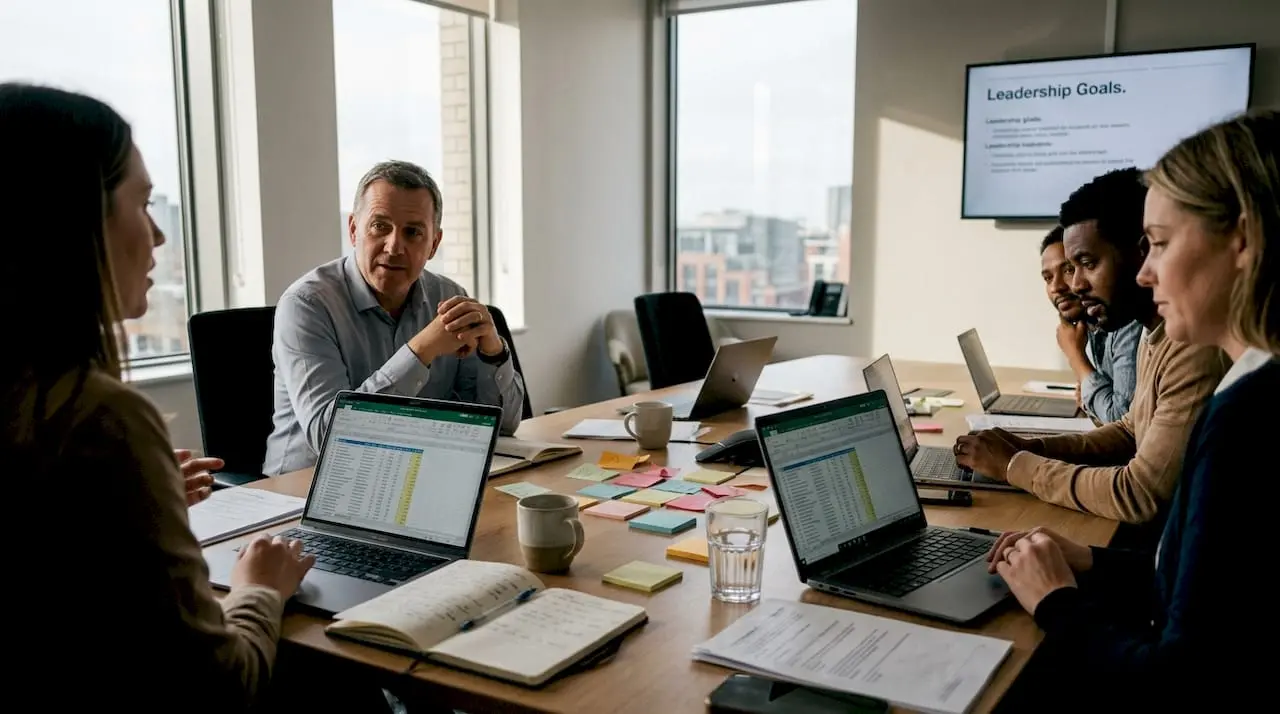 Manager leading team meeting in office