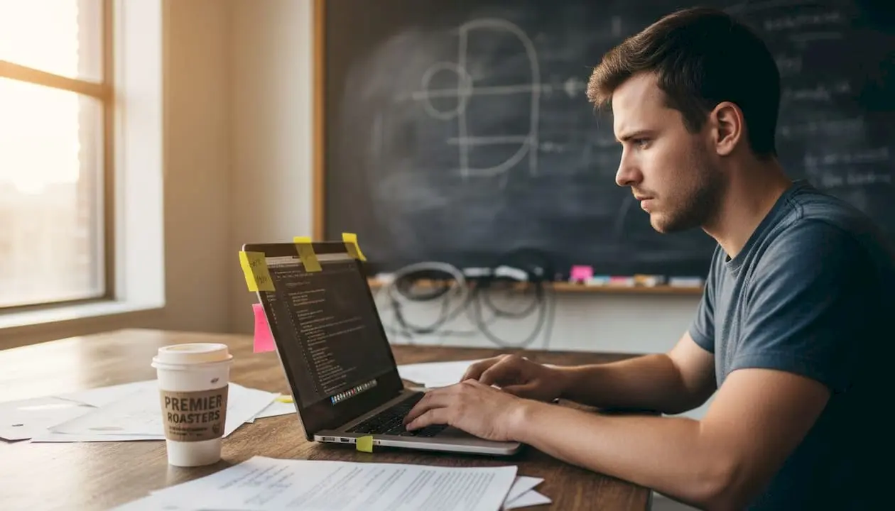Student debugging code at shared workspace