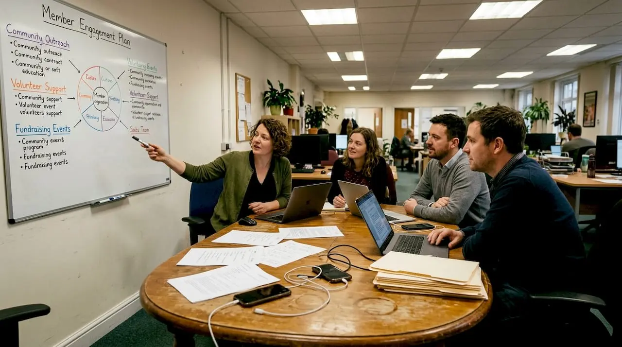 Team reviews member engagement plan in meeting