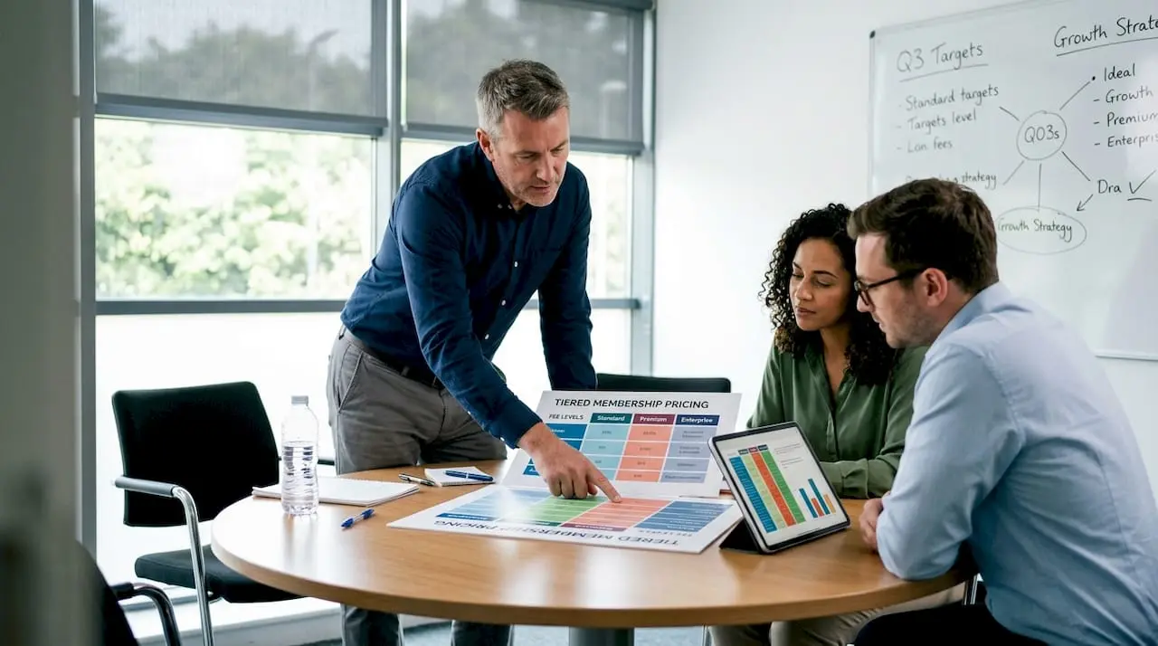 Team reviews tiered pricing chart in meeting