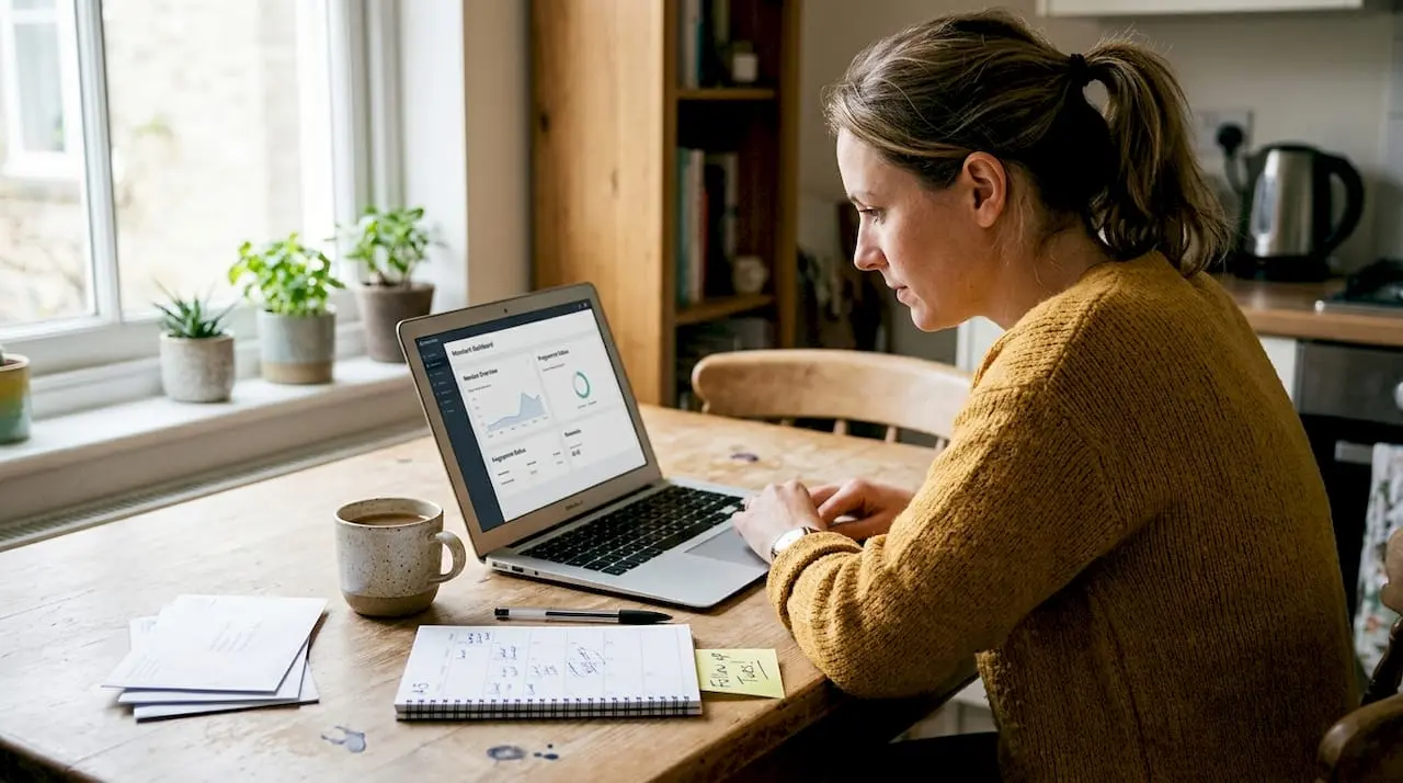 Woman managing membership dues at home workspace