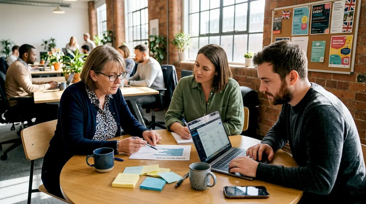 Team reviewing member engagement results