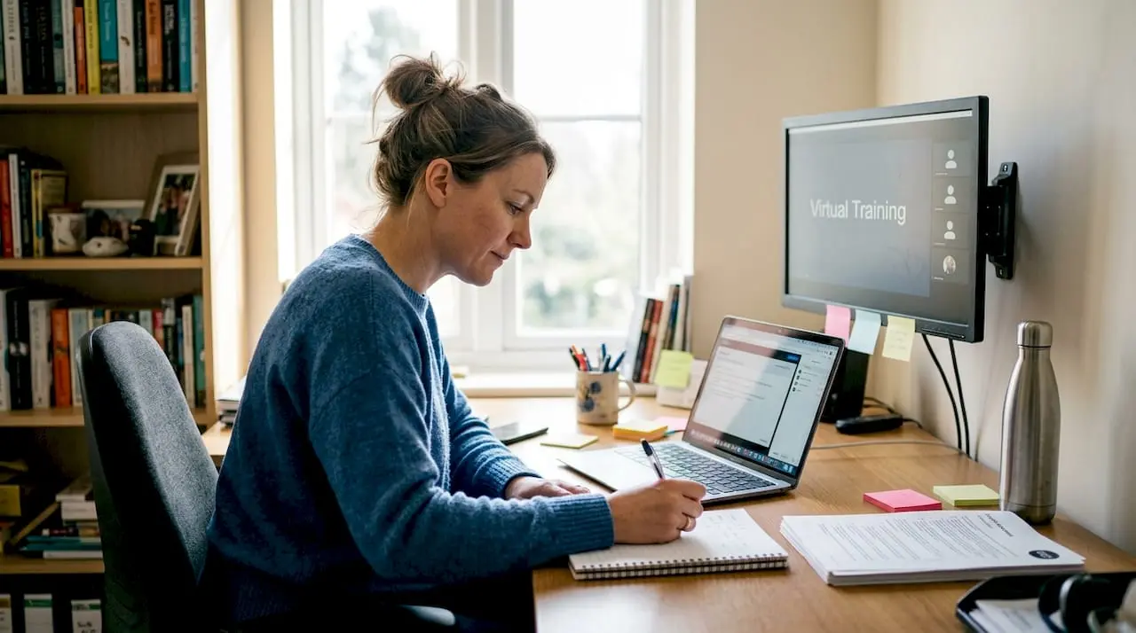 Woman joining virtual training in home office