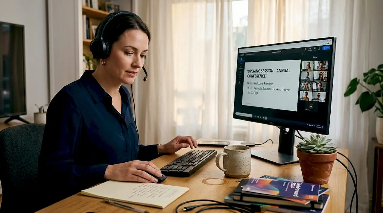 Woman running virtual event from home office