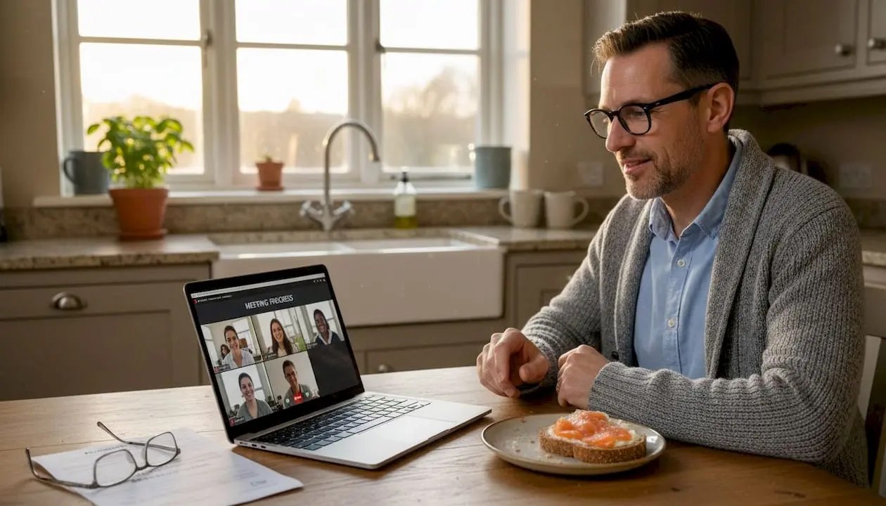 Man attending online meeting at kitchen table