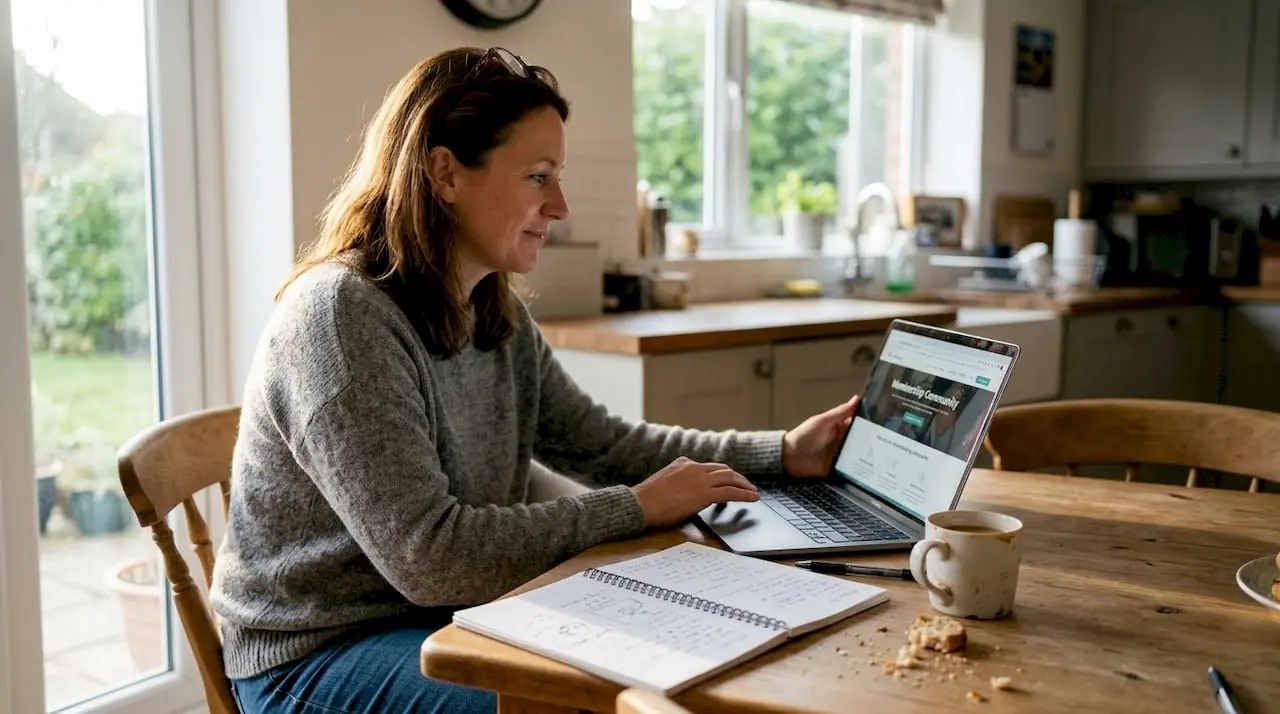 Member browsing online membership community at home
