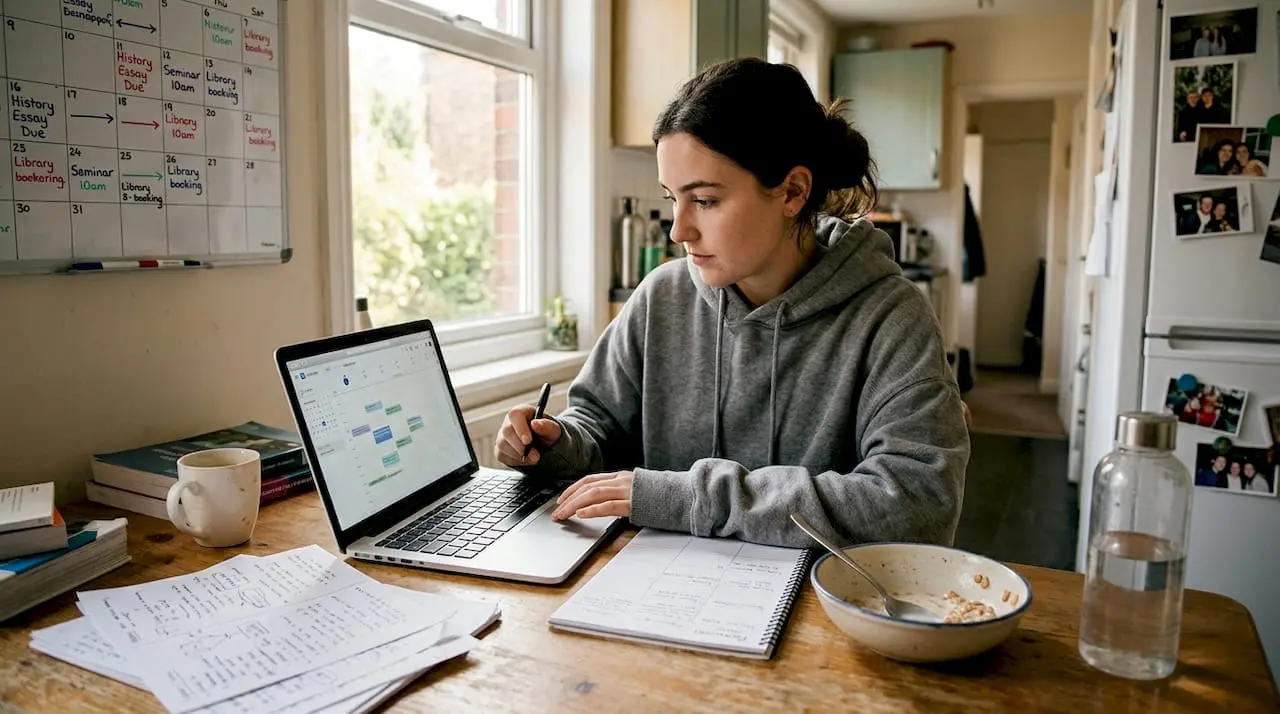 Student organizing schedule at kitchen table