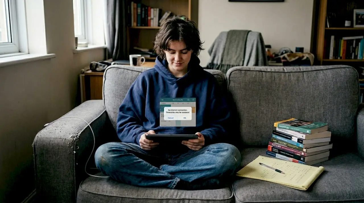 Student using offline study app on sofa