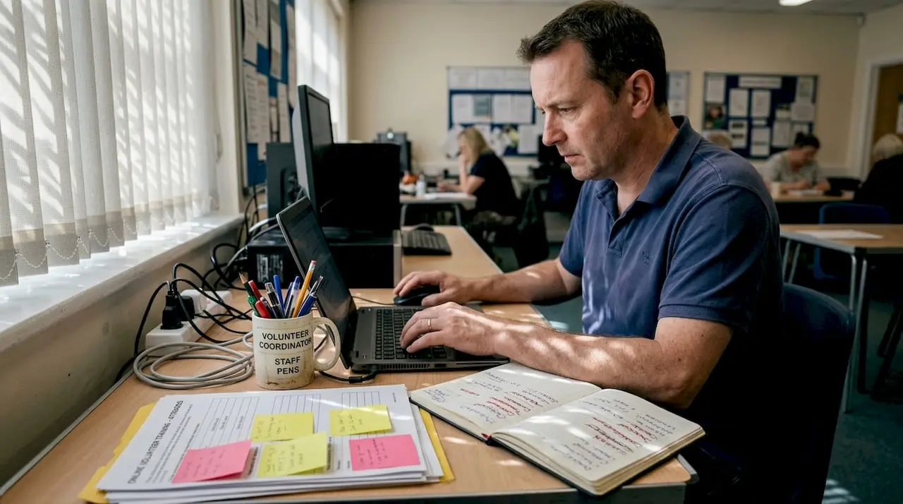 Volunteer checks event registration at busy workspace