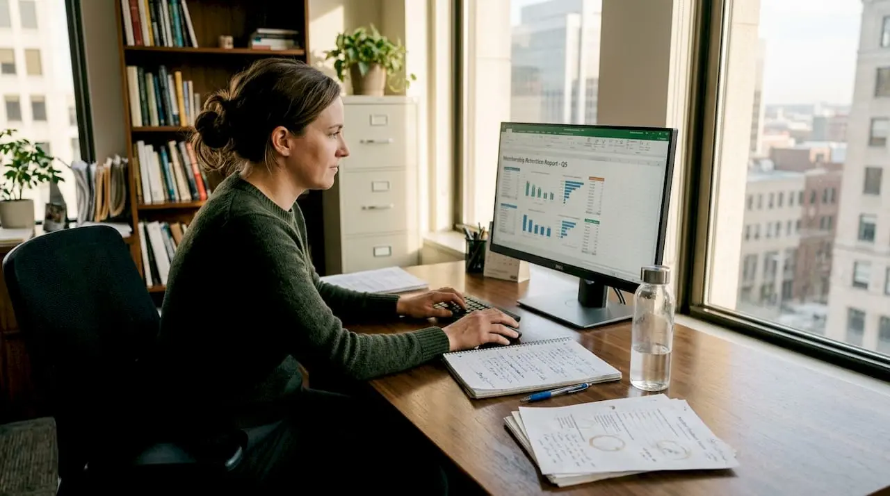 Manager analyzing member retention report