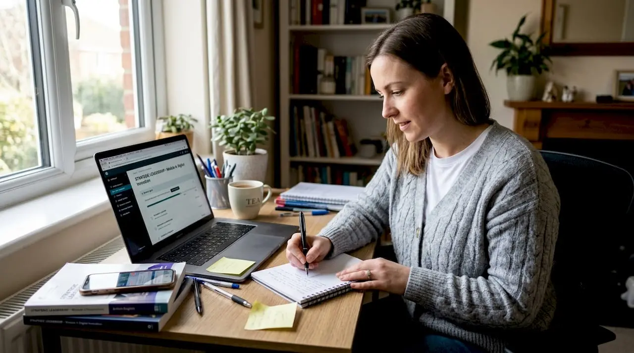 Woman engaged in eLearning at home desk