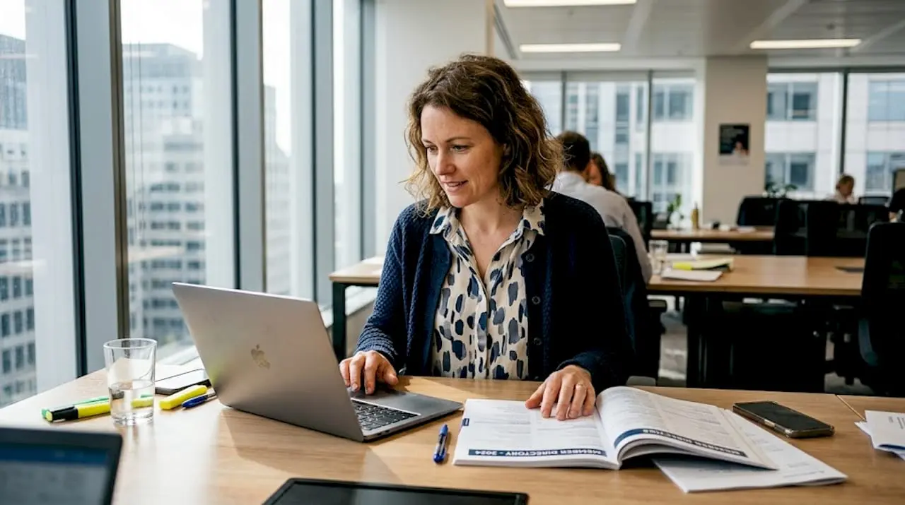 Professional updating membership directory at office table