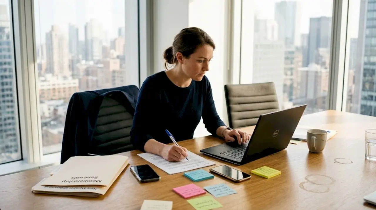 Coordinator managing memberships in busy office