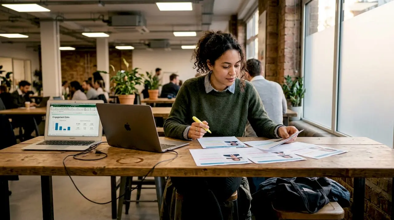 Person reviewing printed member profiles at shared table