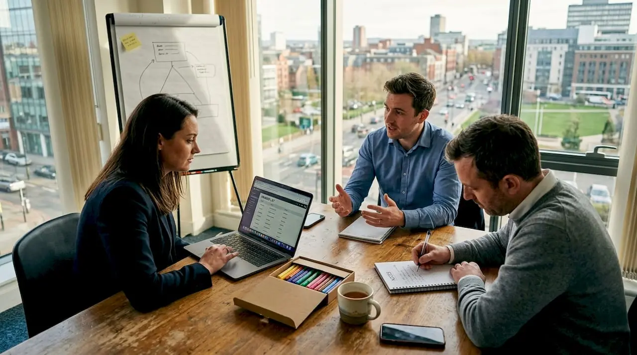 Colleagues collaborating at office table with laptops