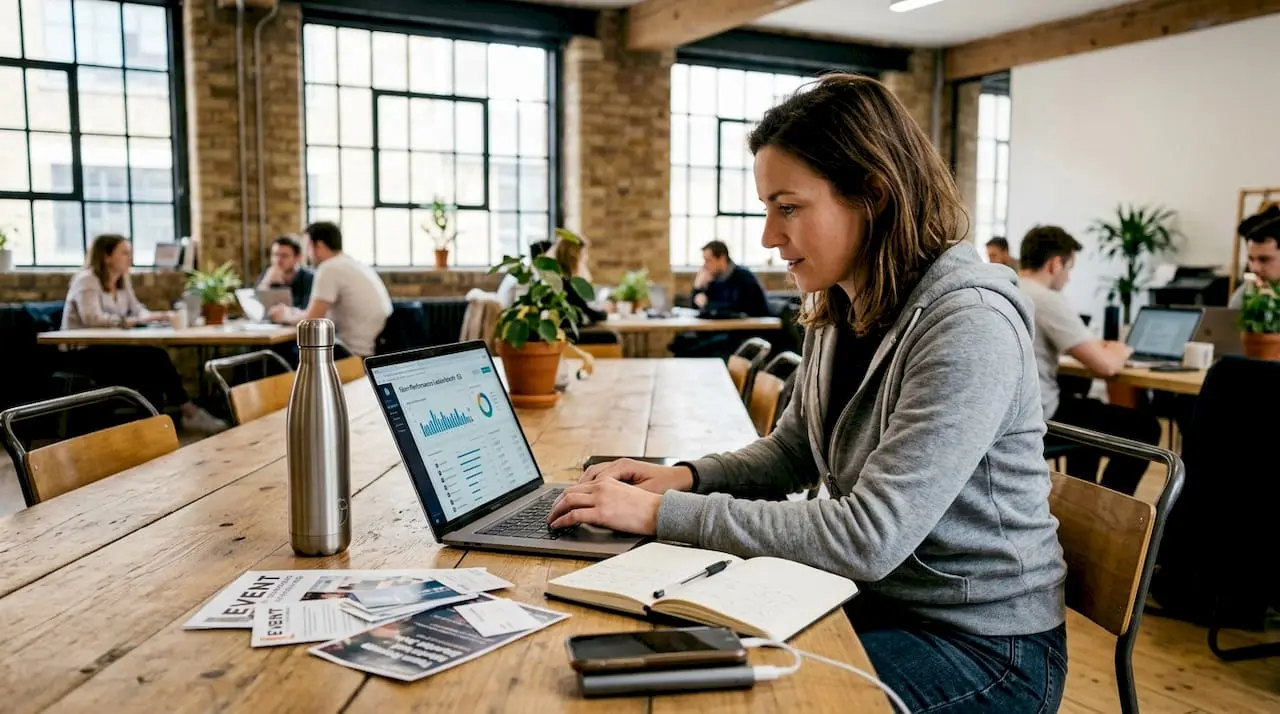 Woman using leaderboard in coworking space