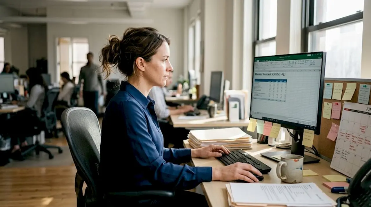 Woman reviewing member renewal stats at desk