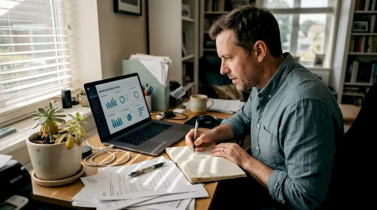 Man reviewing AI engagement scores at home office