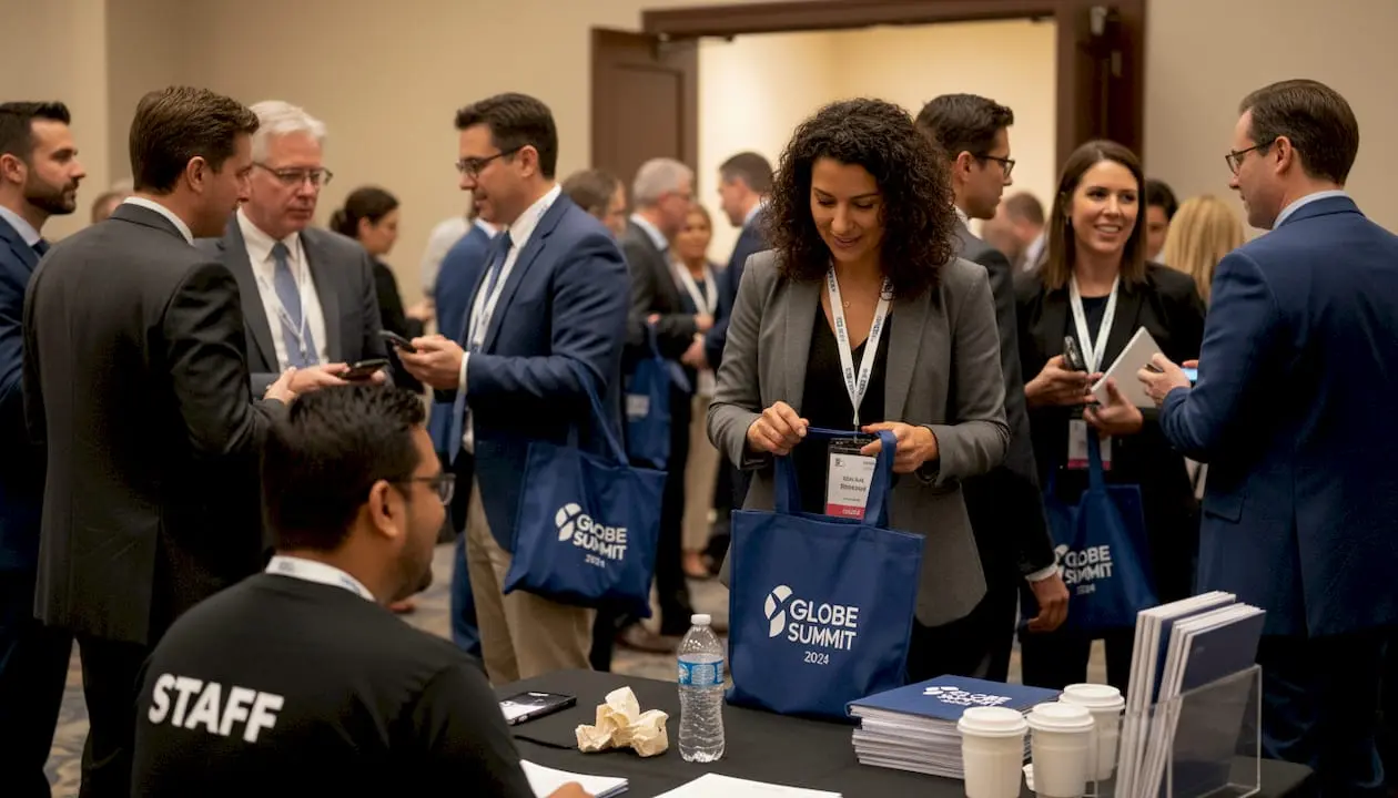 Busy conference registration with branded giveaway table