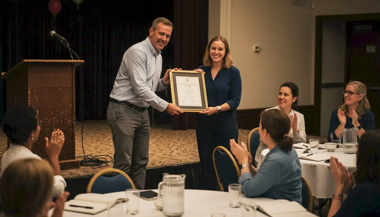 Volunteer receiving framed certificate on stage