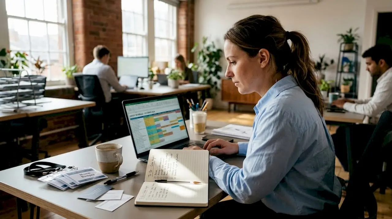 Event coordinator reviews lead event schedule