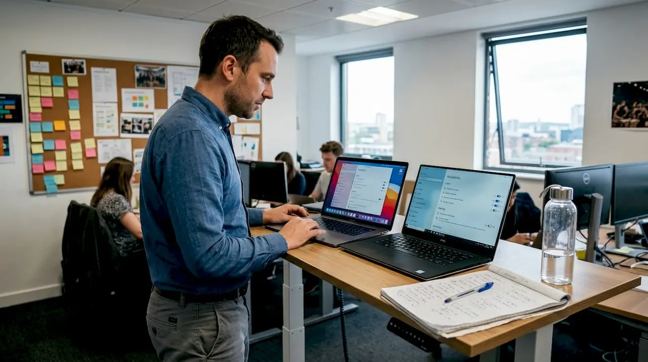 Manager comparing accessibility features on laptops