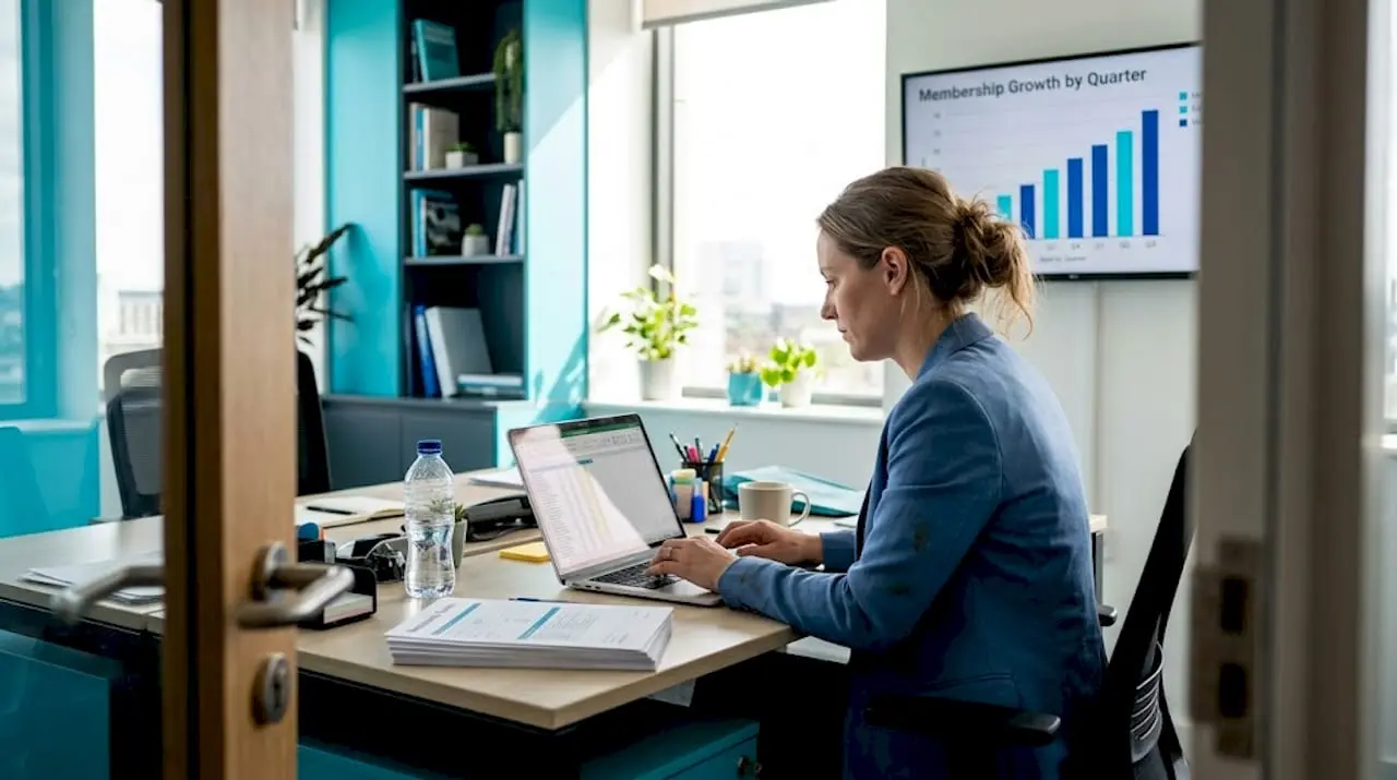 Membership manager reviewing growth analytics spreadsheet