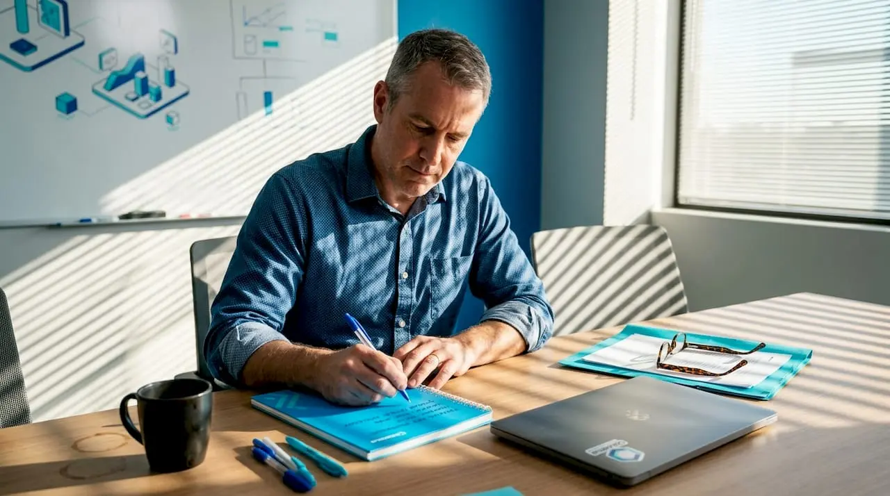 Professional selecting metrics in conference room