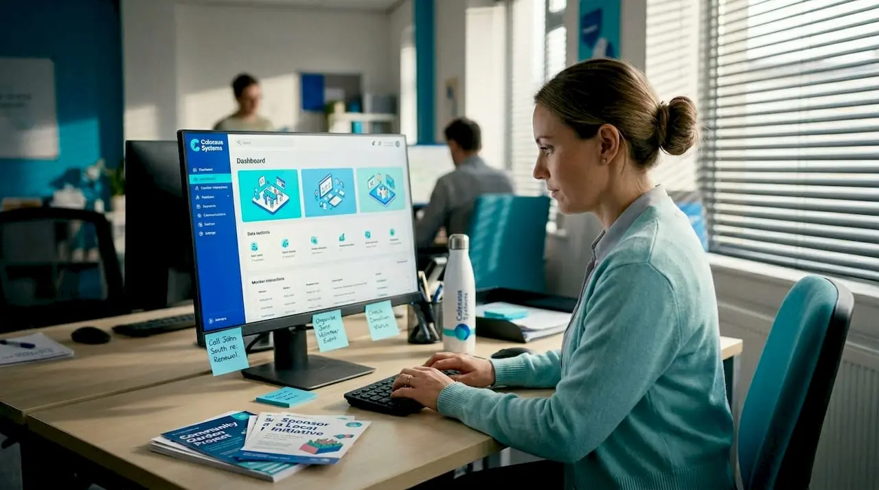 Coordinator updating CRM at nonprofit desk